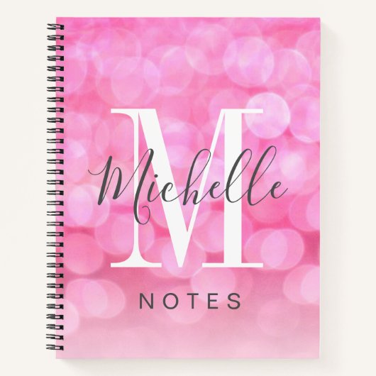 Girly Pink Sparkle Bokeh Monogram Naam Notitieboek (Voorkant)