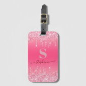 Girly Pink Sparkle Glitter Monogram Bagagelabel (Voorkant (verticaal))