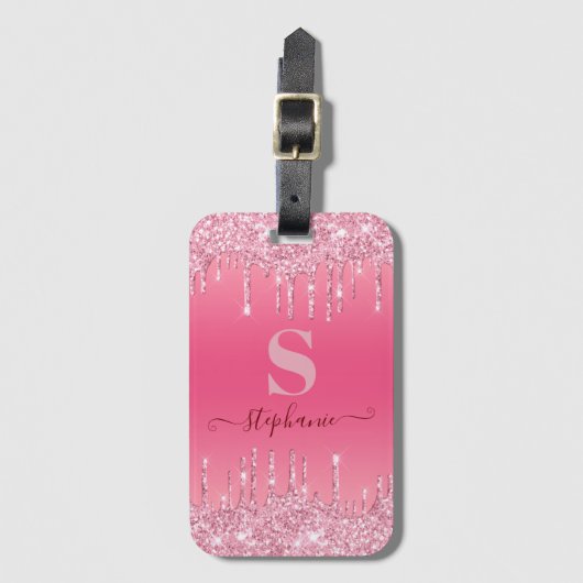 Girly Pink Sparkle Glitter Monogram Bagagelabel (Voorkant (verticaal))