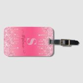 Girly Pink Sparkle Glitter Monogram Bagagelabel (Voorkant (horizontaal))