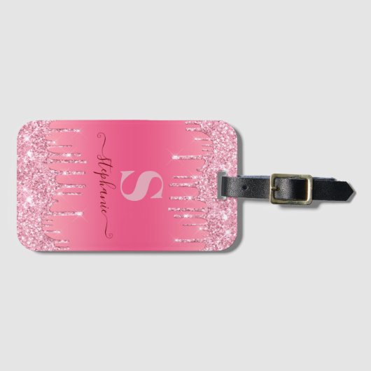 Girly Pink Sparkle Glitter Monogram Bagagelabel (Voorkant (horizontaal))