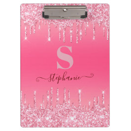 Girly Pink Sparkle Glitter Monogram Klembord