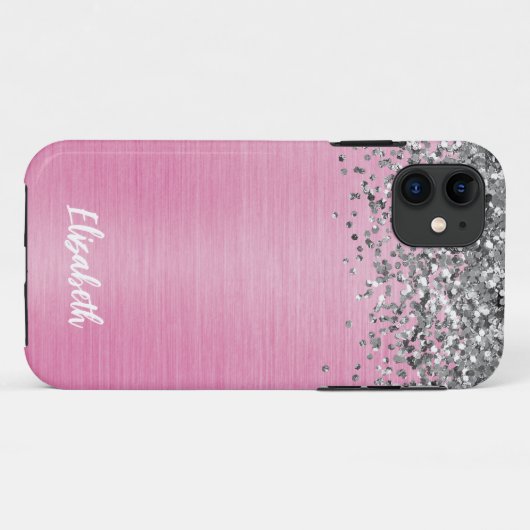 Girly Pink Sparkle Glitter Monogram Naam Case-Mate iPhone Case (Achterkant (horizontaal))
