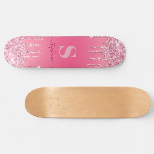 Girly Pink Sparkle Glitter Monogram Persoonlijk Skateboard (Horizontaal)