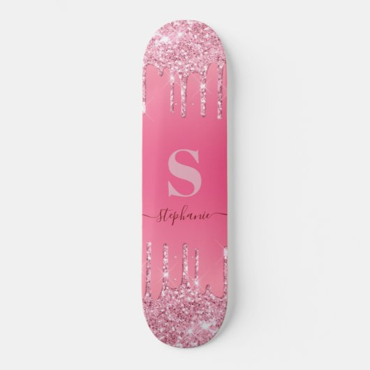 Girly Pink Sparkle Glitter Monogram Persoonlijk Skateboard (Voorkant)