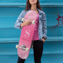 Girly Pink Sparkle Glitter Monogram Persoonlijk Skateboard