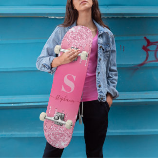 Girly Pink Sparkle Glitter Monogram Persoonlijk Skateboard