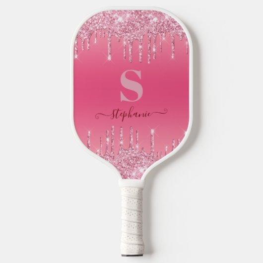 Girly Pink Sparkle Glitter Monogram Pickleball Paddle (Voorkant)