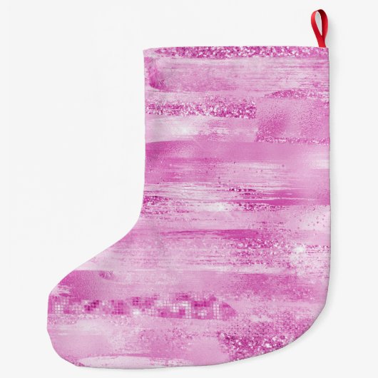 Girly Pink Sparkle Stripes Grote Kerstsok (Achterkant)