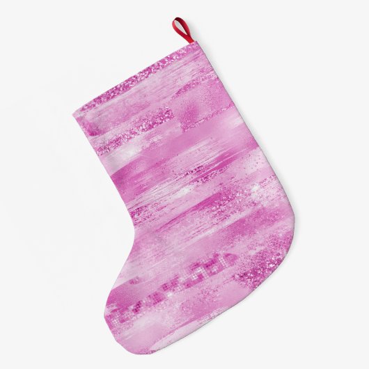 Girly Pink Sparkle Stripes Grote Kerstsok (Achterkant (Hangend))