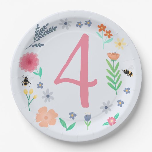 Girly Pink Spring Floral Bee Kids Verjaardag Papieren Bordje (Voorkant)