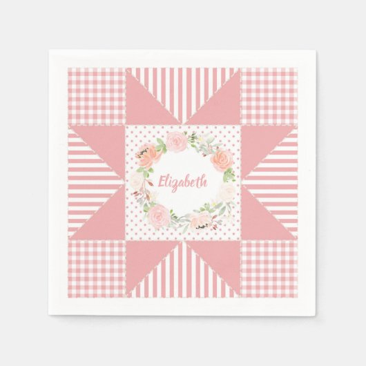 Girly Pink Star Quilt Roos Wreatand Name Servet (Voorkant)