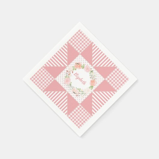 Girly Pink Star Quilt Roos Wreatand Name Servet (Hoek)