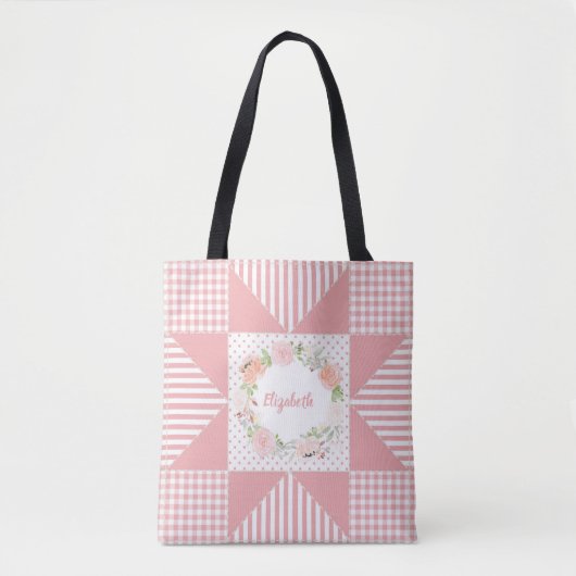 Girly Pink Star Quilt Roos Wreatand Name Tote Bag (Voorkant)