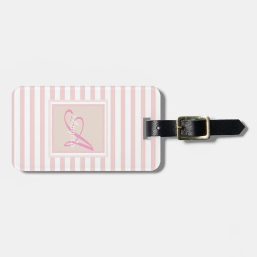 Girly Pink Stripe Monogram-persoonlijk Bagagelabel (Voorkant horizontaal)