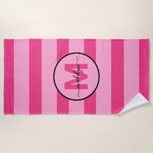 Girly Pink Stripe Script Naam Monogram Strandlaken (Voorkant)