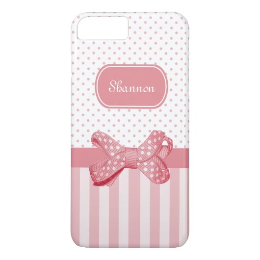 Girly Pink Stripes Cute Polka Dot Bow met naam Case-Mate iPhone Case (Achterkant)