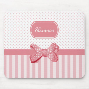 Girly Pink Stripes Cute Polka Dot Bow met naam Muismat