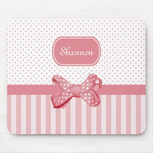 Girly Pink Stripes Cute Polka Dot Bow met naam Muismat (Voorkant)