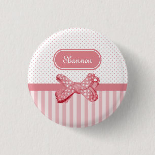 Girly Pink Stripes Cute Polka Dot Bow met naam Ronde Button 3,2 Cm