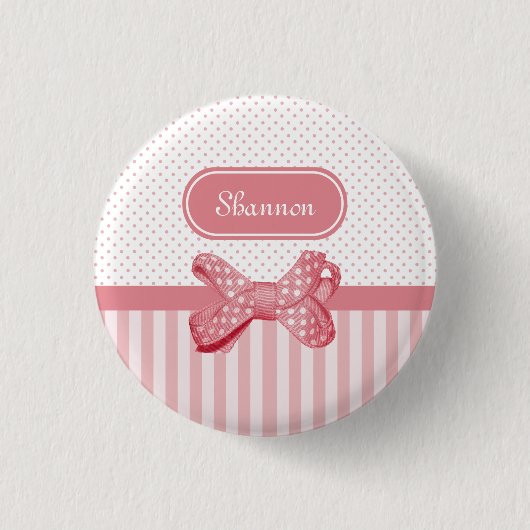 Girly Pink Stripes Cute Polka Dot Bow met naam Ronde Button 3,2 Cm (Voorkant)