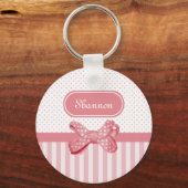Girly Pink Stripes Cute Polka Dot Bow met naam Sleutelhanger (Voorkant)