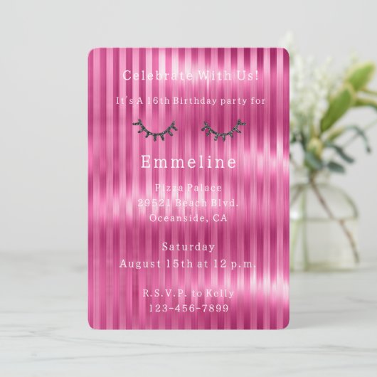 Girly Pink Stripes Glitzy Black Glitter Wimpers Kaart (Staand voorkant)