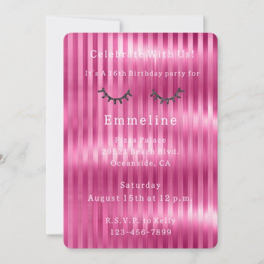 Girly Pink Stripes Glitzy Black Glitter Wimpers Kaart (Voorkant)