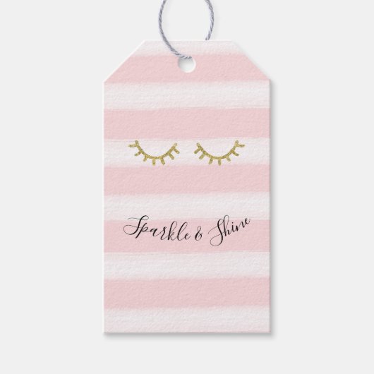 Girly Pink Stripes Gouden Glitter Wimpers Sparkle Cadeaulabel (Voorkant)