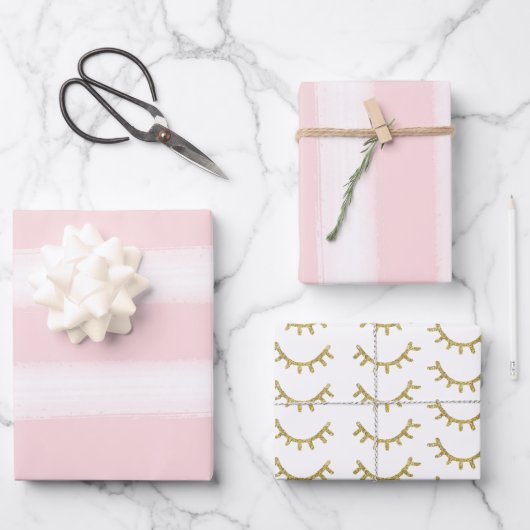 Girly Pink Stripes Gouden Glitter Wimpers Sparkle Inpakpapier Vel (Voorkant)