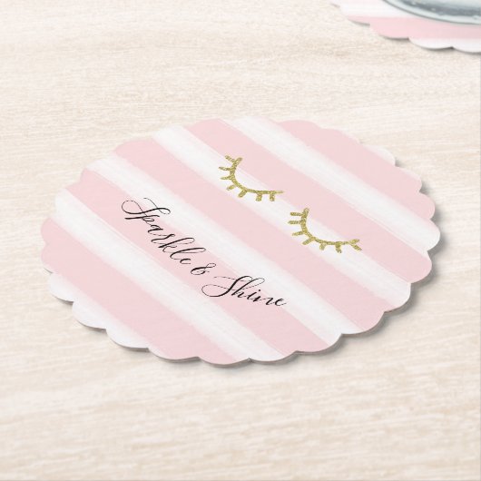 Girly Pink Stripes Gouden Glitter Wimpers Sparkle Kartonnen Onderzetters (Gekanteld)