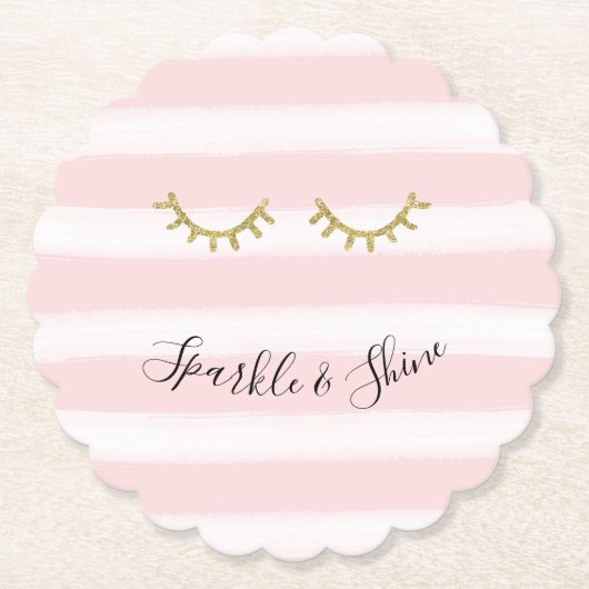 Girly Pink Stripes Gouden Glitter Wimpers Sparkle Kartonnen Onderzetters (Voorkant)