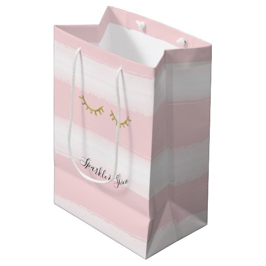 Girly Pink Stripes Gouden Glitter Wimpers Sparkle Medium Cadeauzakje (Voorkant Gekanteld)