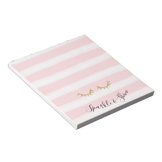 Girly Pink Stripes Gouden Glitter Wimpers Sparkle Notitieblok (Schuin)