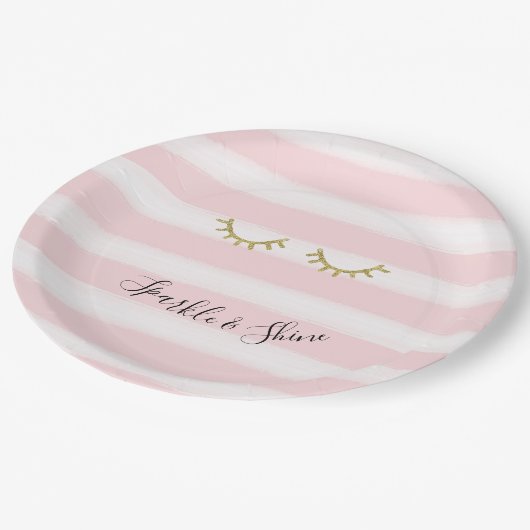 Girly Pink Stripes Gouden Glitter Wimpers Sparkle Papieren Bordje (Gekanteld)