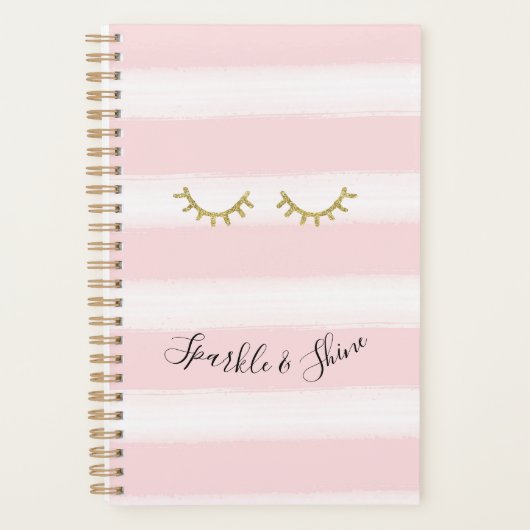 Girly Pink Stripes Gouden Glitter Wimpers Sparkle Planner (Voorkant)