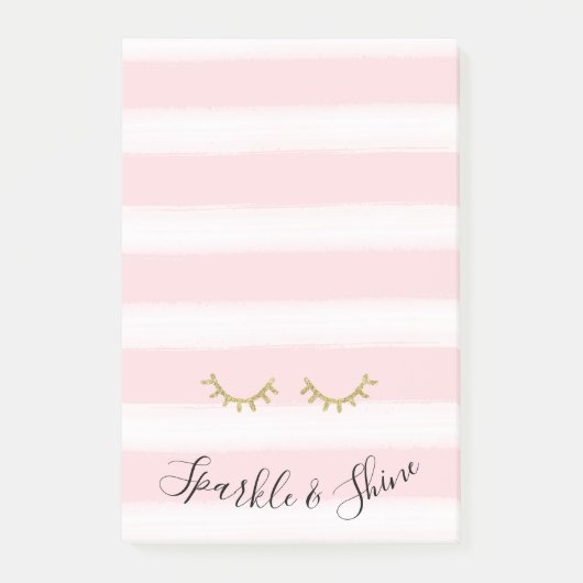 Girly Pink Stripes Gouden Glitter Wimpers Sparkle Post-it® Notes (Voorkant)