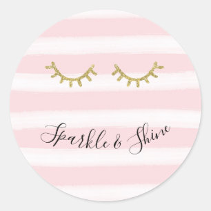 Girly Pink Stripes Gouden Glitter Wimpers Sparkle Ronde Sticker