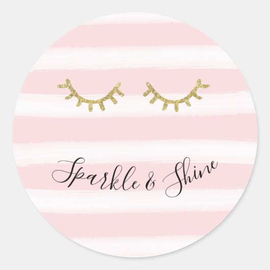 Girly Pink Stripes Gouden Glitter Wimpers Sparkle Ronde Sticker (Voorkant)