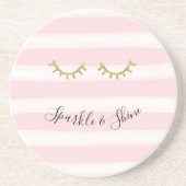 Girly Pink Stripes Gouden Glitter Wimpers Sparkle Zandsteen Onderzetter (Voorkant)
