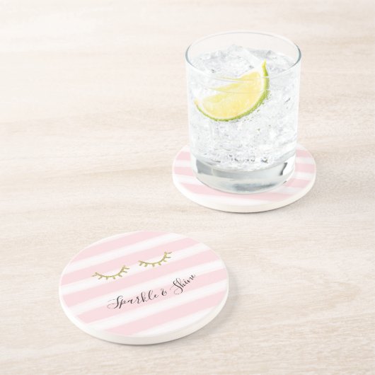 Girly Pink Stripes Gouden Glitter Wimpers Sparkle Zandsteen Onderzetter (Zijkant)