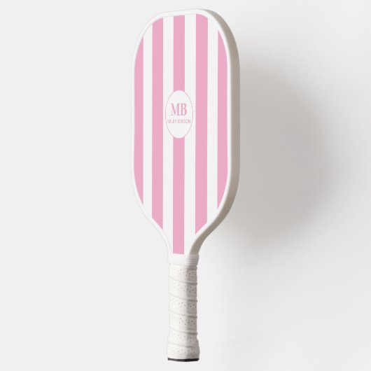 Girly Pink Stripes Monogram Aangepaste naam Pickleball Paddle (Links)