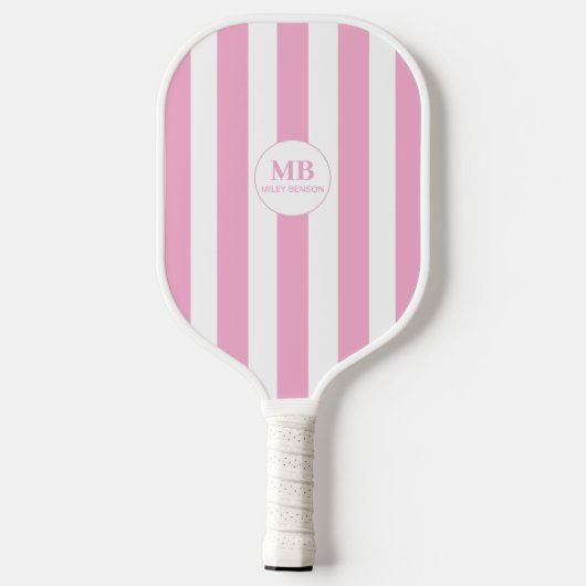 Girly Pink Stripes Monogram Aangepaste naam Pickleball Paddle (Achterkant)