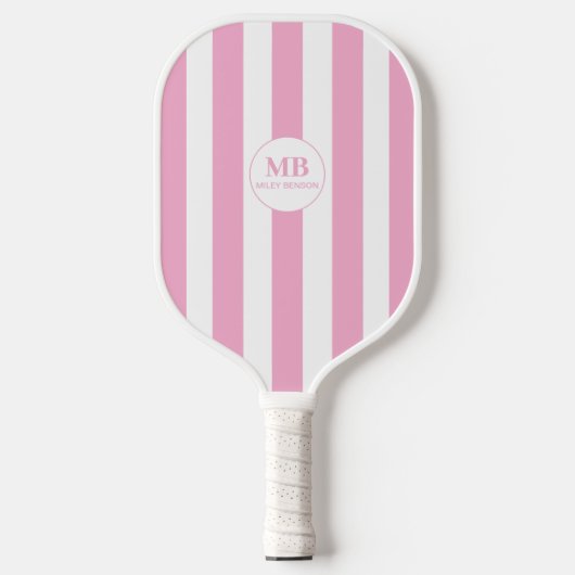 Girly Pink Stripes Monogram Aangepaste naam Pickleball Paddle (Voorkant)