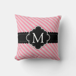 Girly Pink Stripes Patroon Zwart Custom Monogram Kussen