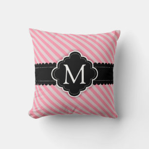 Girly Pink Stripes Patroon Zwart Custom Monogram Kussen