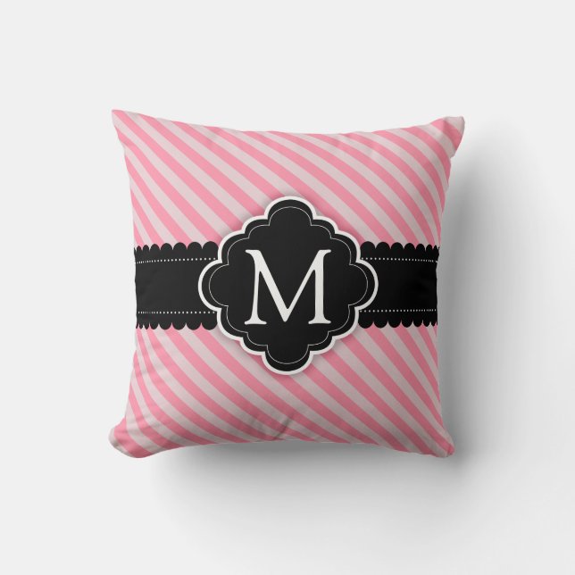 Girly Pink Stripes Patroon Zwart Custom Monogram Kussen (Voorkant)