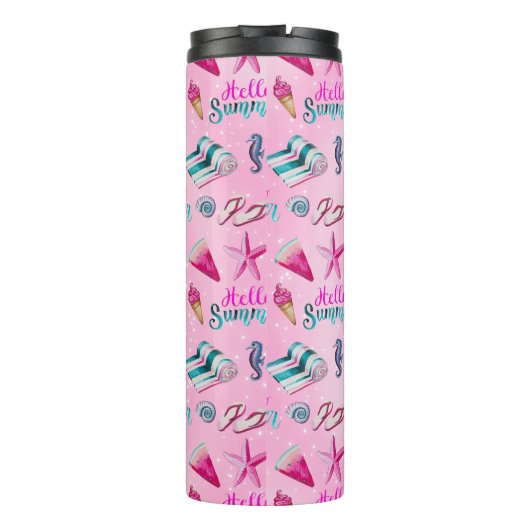 Girly Pink Summer Beach Holiday Pattern Monogram Thermosbeker (Achterkant)