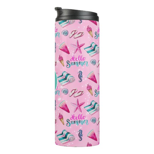 Girly Pink Summer Beach Holiday Pattern Monogram Thermosbeker (Geroteerd rechts)