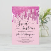 Girly Pink Thick Glitter Drips Foto Sweet 16 Kaart (Staand voorkant)